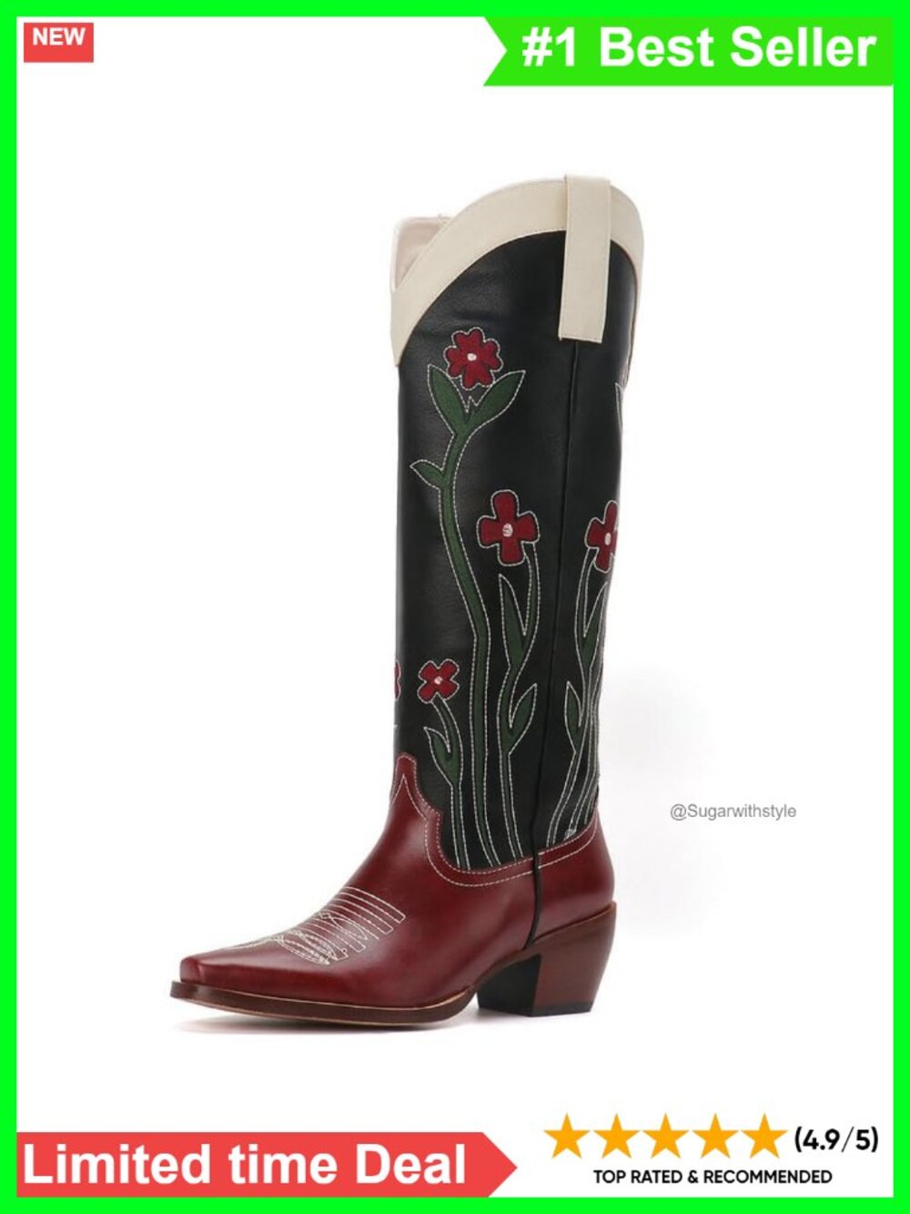 Floral Embroidered Cowgirl Knee High Western Boots Faux Leather Country